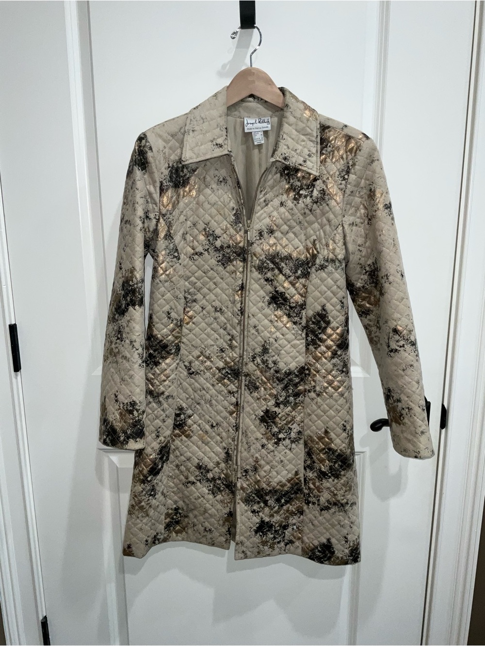 Joseph Ribkoff Quilted Trench Coat in Beige with Black and Gold Accents